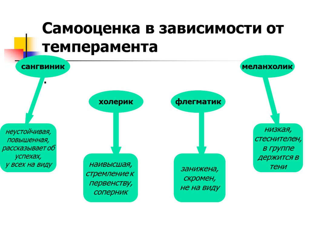 Самооценка в зависимости от темперамента . неустойчивая, повышенная, рассказывает об успехах, у всех на